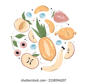 Summer fruit set, healthy food, vegetarian, seasonal elements in circular shape. Tropical and garden fruits cartoon vector illustration.