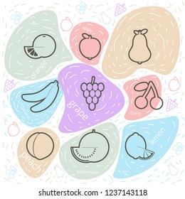 Summer fruit set. Orange, apple, pear, banana, grape, cherry, peach, watermelon, lemon. For banner. Vector illustration