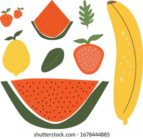 Summer fruit set vector illustration banana strawberry lemon watermelon leaves 