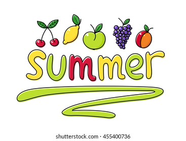 Summer fruit set of vector illustrations summertime healthy food apple cherry grapes berry peach lemon