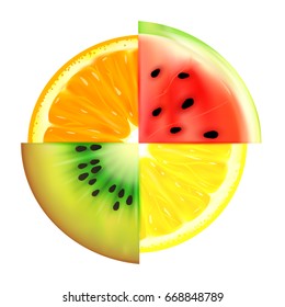 Summer fruit slices in a circle isolated on white background. Realistic vector illustration a piece of watermelon, lemon, orange and kiwi