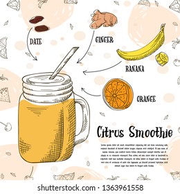 Summer fruit smoothie drink menu. Infographic recipe poster in sketch style. Vector illustartion.