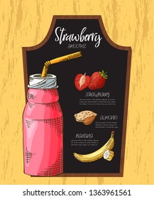Summer fruit smoothie drink menu. Infographic recipe poster in sketch style. Vector illustartion.