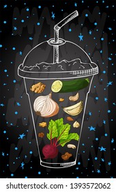 Summer fruit smoothie drink menu. Infographic recipe poster in sketch style. Vector illustartion.