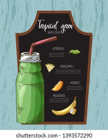Summer fruit smoothie drink menu. Infographic recipe poster in sketch style. Vector illustartion.