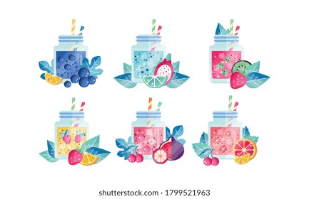 Summer Fruit Smoothie Drinks Set, Fresh Healthy Drinks with Ripe Fruits Vector Illustration