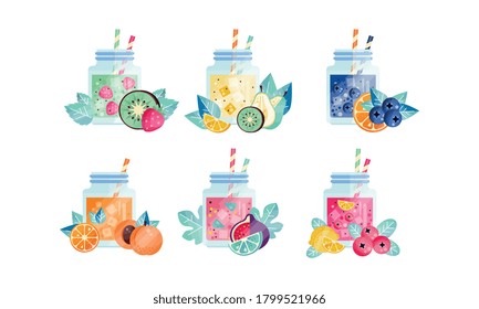 Bebidas Smoothiae Set de Fruta Veraniega, Bebidas Frescas Saludables con Frutas Maduras, Kiwi, Fresa, Arándano, Arándano Azul, Naranja, Engranaje, Vector Lime Ilustración