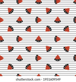 Summer Fruit Striped Background with Cute Watermelons. Seamless Pattern with Watermelon Slices. Colorful Tropical Fruits Wallpaper.
