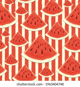 Summer fruit striped background with ripe sweet watermelons. Vector seamless pattern with appetizing watermelon slices. Colorful tropical fruits wallpaper, wrapping paper, textile or fabric