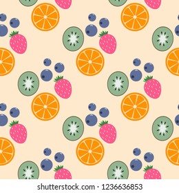 Summer fruit tasty kiwi orange strawberry blueberry pattern vector illustration