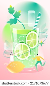 Summer fruit tea drink, people drink drinks in summer, vector illustration