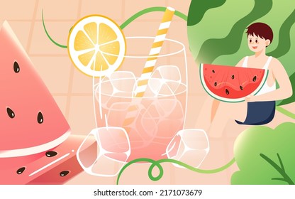 Summer fruit tea drink, people drink drinks in summer, vector illustration