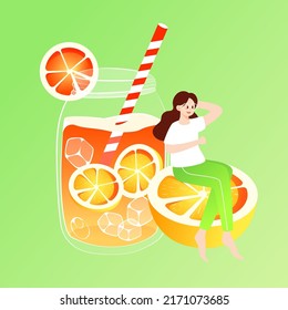 Summer fruit tea drink, people drink drinks in summer, vector illustration