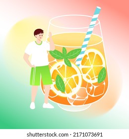 Summer fruit tea drink, people drink drinks in summer, vector illustration
