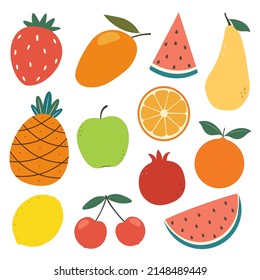 Summer fruit vector collection on white background. Cute food fruits illustrations. Healthy eating