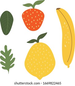 Summer fruit vector illustration banana strawberry lemon leaves