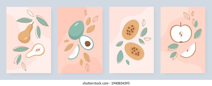 Summer fruit vector illustration set. Cartoon cute half and whole fruit and green tree leaves collection with juicy pear apple, tropical avocado mango, social media stories design template background