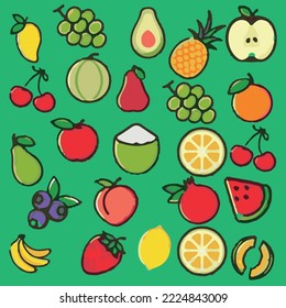 summer fruit vector on green background.Suitable for fabric,textile prints.