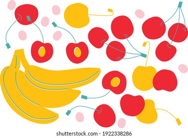 Summer fruits abstract flat vector illustration. Vegetarian and raw food diet concept. Healthy organic farm food. Berries for print or web design. Fresh cooking ingredients. Clip art fruits. 
