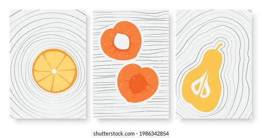 Summer fruits, abstract minimal outline wall art vector illustration set. Trendy hand drawn simple lines, whole fruit, half and slices of peach pear orange, social media stories and post template