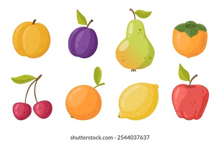 Frutos de Verão. Maçã, pera, caquis e limão, vitamina orgânica fresca vegetariana alimento plano vetor ilustração set. Frutas de desenho animado no branco