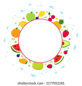 Summer fruits around the circle. Fruit frame with copy space for text.  vector illustration in flat style isolated. 