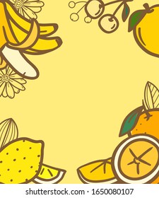 Fondo de frutas de verano con espacio de copia para texto. Plantilla de banderín de vectores 