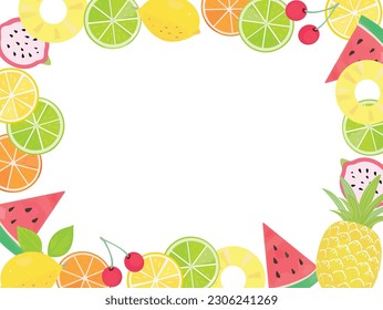 Summer fruits background. Pineapple, citrus and cherry.