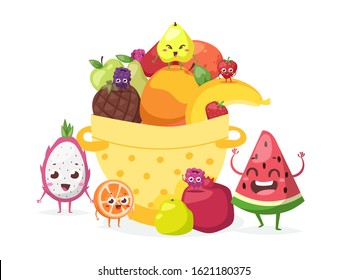 Summer fruits in basket, vector illustration. Funny cartoon characters with smiling faces, friendly mascots. Slice of watermelon, pitaya, orange, pear and strawberry. Fresh juicy fruits food market