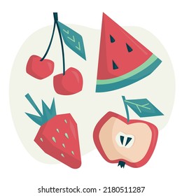 Summer fruits and berries. Apple, vrbuz, cherry, strawberry. Vector image.