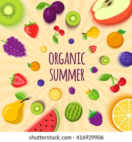 Summer  fruits and berries bright composition. Easy to edit vector design template.