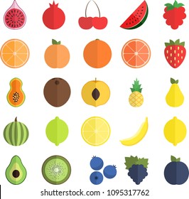 Summer fruits and berries. Icons in flat design. Isolated on white