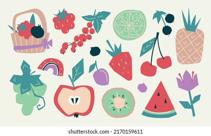 Summer fruits and berries. Summer mood set. Currants, raspberries, strawberries, watermelon, grapes. Basket with berries. Vector image.