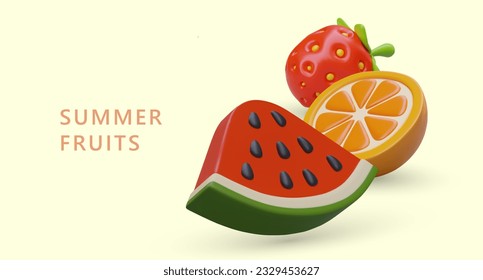 Summer fruits and berries. Realistic strawberry, orange half, watermelon slice. Colorful vector banner with place for text. Concept for cafes, restaurants, grocery stores, markets, fairs