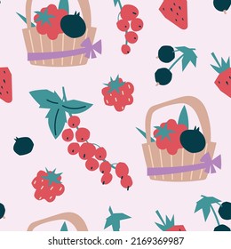 Summer fruits and berries. Seamless pattern. Currant, raspberry, strawberry. Basket with berries. Vector image.