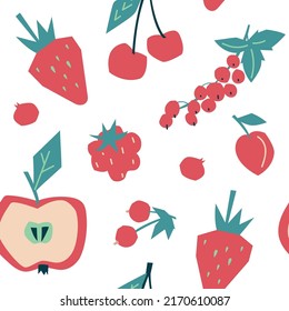 Summer fruits and berries. Seamless pattern. Currant, raspberry, strawberry, apple, cherry. Vector image.