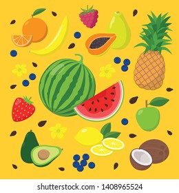 Summer fruits and berries set of vector illustrations isolated on yellow background in flat design. Summertime concept illustration with watermelon, avocado, papaya, coconut, banana, pineapple, lemon.