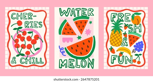 Summer fruits and berries vector posters set. Bright tropical juicy print designs with cherry, watermelon, exotic fruits illustrations in whimsical frames