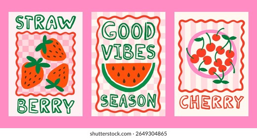 Summer fruits and berries vector posters set. Bright tropical juicy print designs with strawberry, cherry, watermelon illustrations in whimsical frames