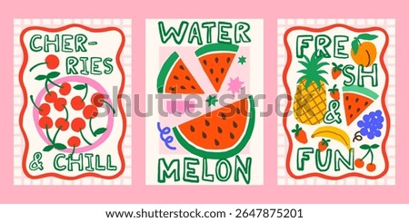 Summer fruits and berries vector posters set. Bright tropical juicy print designs with cherry, watermelon, exotic fruits illustrations in whimsical frames