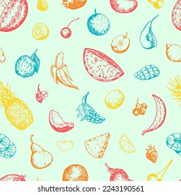 Summer fruits and berries vector seamless pattern. Hand drawn pineapple, watermelon, pomegranate, banana, mango, grapes, citrus, apple, pears, cherry. Abstract ornament in retro style.
