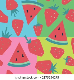 Summer fruits and berries. Watermelon, strawberry. Seamless pattern. Vector image.