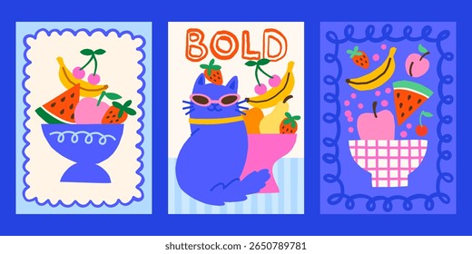 Summer fruits bowls vector posters set. Bright print designs with tropical fruits and cat illustrations in whimsical frames