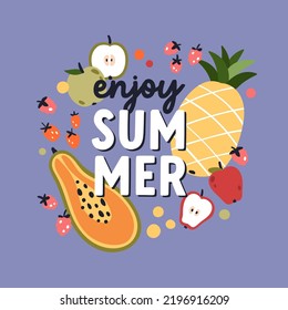 Summer fruits card background design. Exotic tropical fruity backdrop with mix of healthy vitamin food, sweet berries, fresh pineapple, papaya, apple, strawberry. Modern flat vector illustration
