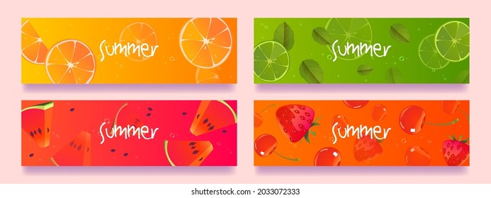 Summer fruits cartoon horizontal banners or bookmarks with fresh juicy orange, lime, watermelon and berries strawberry or cherry with green mint leaves, Vector illustration, isolated templates set