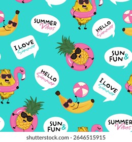 Summer fruits character seamless pattern. Colorful pineapple, yellow dragon fruit, and banana. Hello summer.	