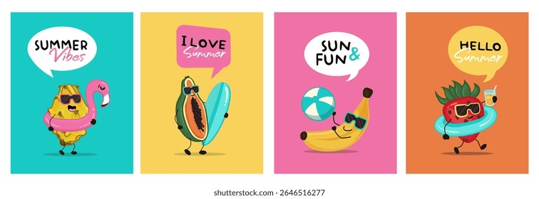 Summer fruits characters cards. Colorful cartoons. Hello summer.