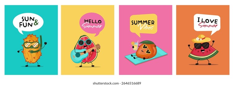 Summer fruits characters cards. Colorful cartoons. Hello summer. Sun and fun.	