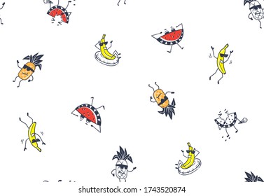 Summer fruits characters vector pattern. Pineapple, watermelon, banana on holiday. Kids textile design.