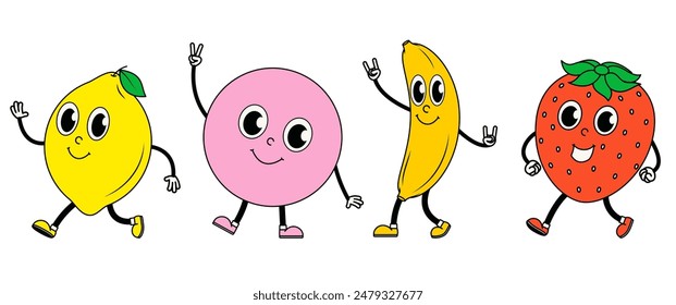 Summer fruits in children's cartoon style. Cute characters lemon, strawberry, banana.